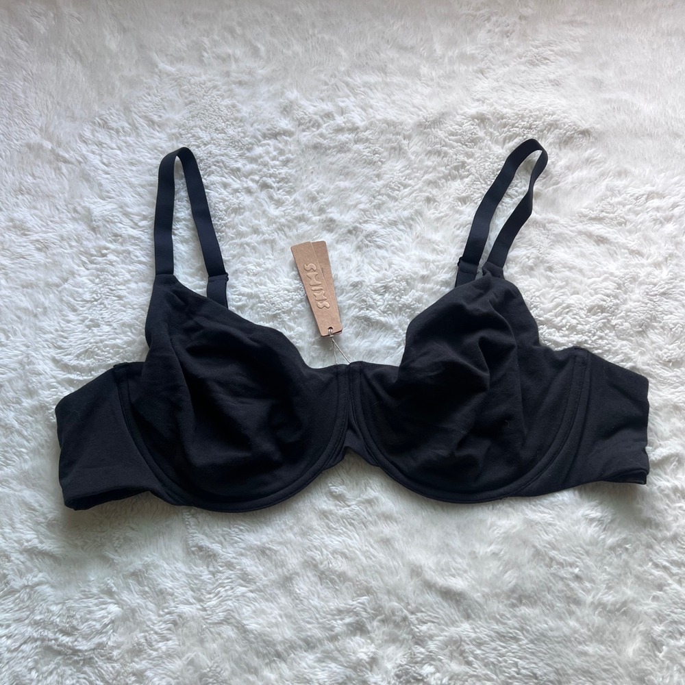 SKIMS Cotton Jersey Unlined Underwire Bra Soot Black Size 44D BR-UWR-0637 NEW
